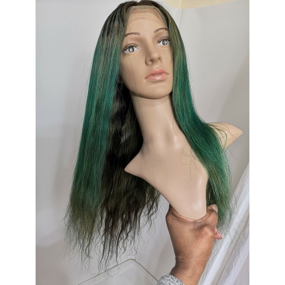 Custom High Quality 24'' Soft Silk Green Brown Human Hair Front Lace Wig